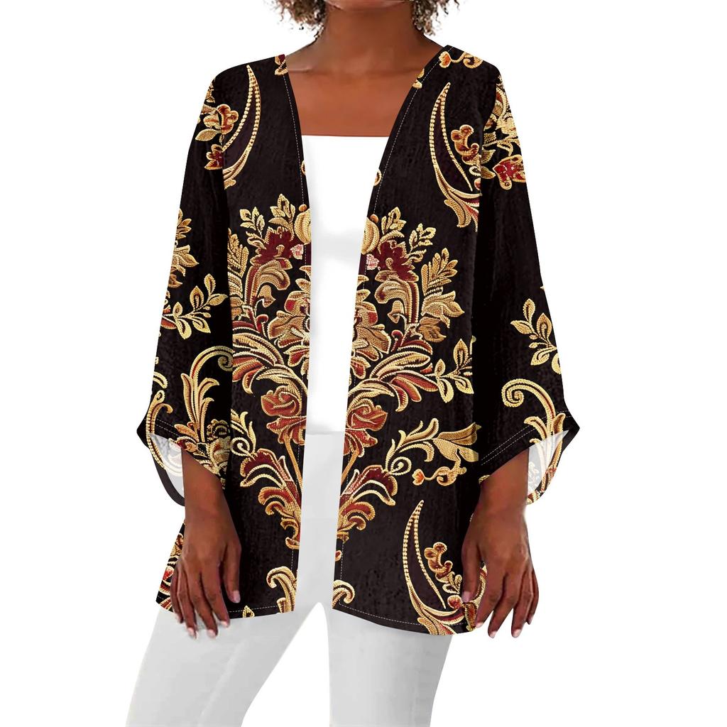 Women's Casual Fashion Caot Retro Printed Lightweight Medium Length Jacket Cardigan