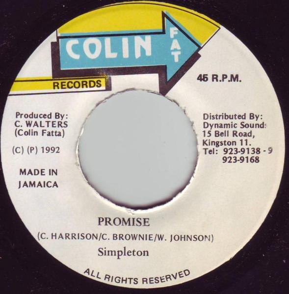 7-дюймовая пластинка SIMPLETON - Promise NONE Colin Fat Recor 1992 Ямайка Регги, Ска и Даб Б/у