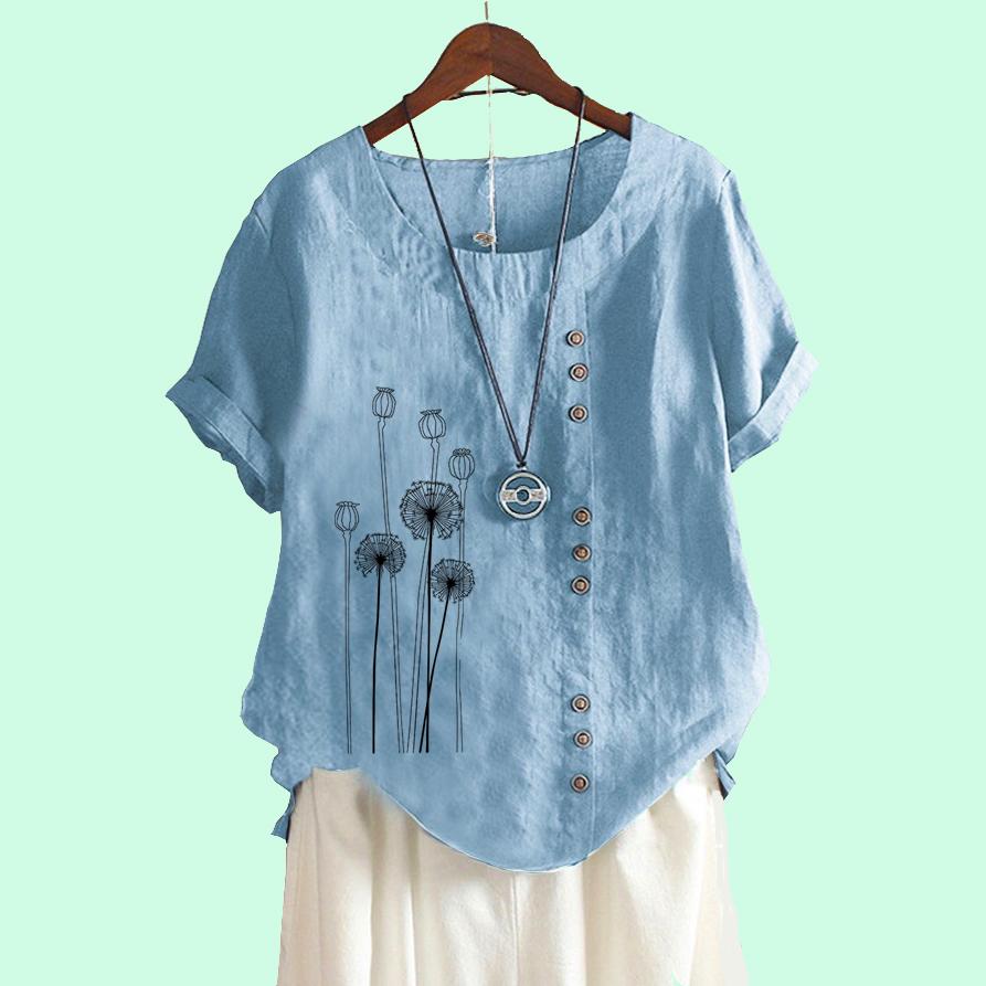 Женская мода хлопок льняная блузка лето и осень мода круглый вырез короткий рукав топ женская цветочный принт свободная футболка