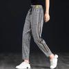 Women's Black & White Plaid Harem Pants with Side Mesh Stripe - Casual, Thin, All-Match for Spring & Autumn