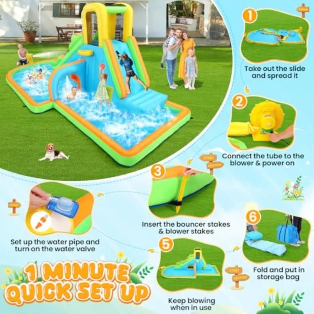 Inflatable Water Slide Large Wave Rider with Splash Pool Climb Wall Basket-Rim Water Cannon Shower Head for Backyard 3-12 Blue