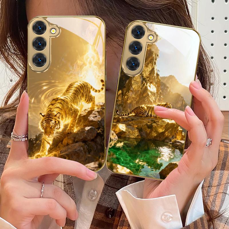 Золотой Благородный Тигр Для Samsung Galaxy S26 S20 FE S21 S22 S23 Plus S24 Ultra 25Ultra S21+ S9 S22 Золотой стеклянный чехол для телефона