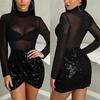 Women Fashion Mesh Party Clubwear Sequins Transparent Sexy Turtleneck Dress
