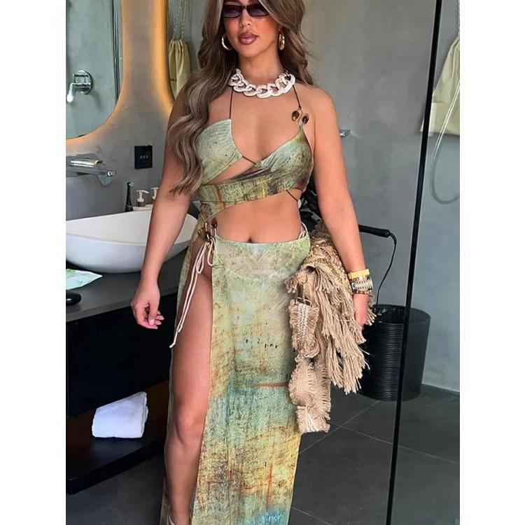 Эстетичный комплект из двух предметов с принтом, женский, с бретелькой через шею, нестандартная майка + высокие боковые разрезы, макси-юбки, женские наряды для отпуска