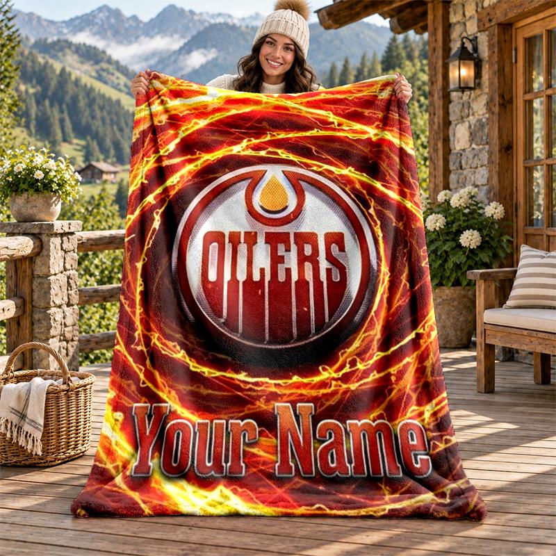 Edmonton Oilers Custom Name Flannel Blanket Personalized Soft Warm Plush Throw Blanket Customized Gift for Family Friends