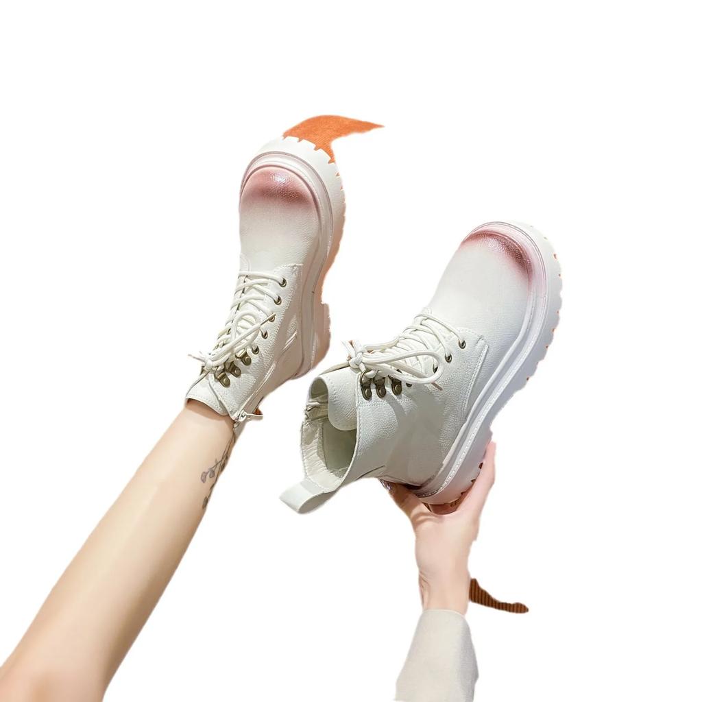 Ботинки из мягкой кожи в британском стиле с круглым носком и плоским каблуком, с цветной отделкой, женские, новые, короткие, на толстой подошве, на среднем каблуке