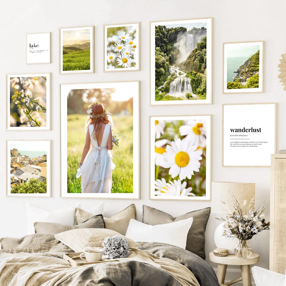 Гора, океан, водопад, девушка, ромашка, цитата, настенная живопись на холсте, постеры на скандинавскую тему и принты, настенные панно для декора гостиной