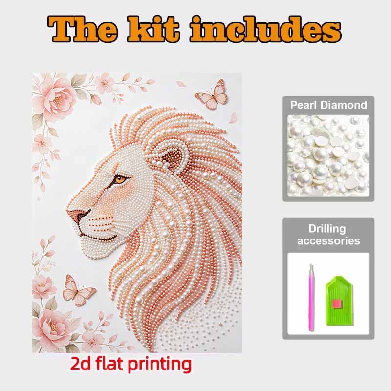 Pearl Art Painting Pink Lion Floral Home Wall Decor Pearl Gemstone Painting Picture Crafts Adult/Beginner Gift Creative Home Decor Unframed DIY