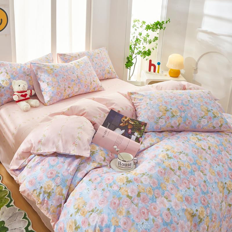 Sleep grid cotton printed bed sheet and duvet cover four piece set