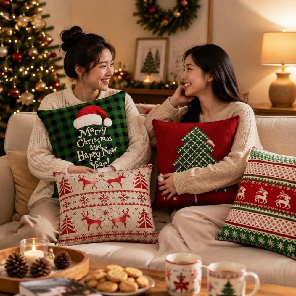 2D Printed Throw Cushion Case Deer Xmas Tree Pillowslip Santa Pillow Cover Couch Decor