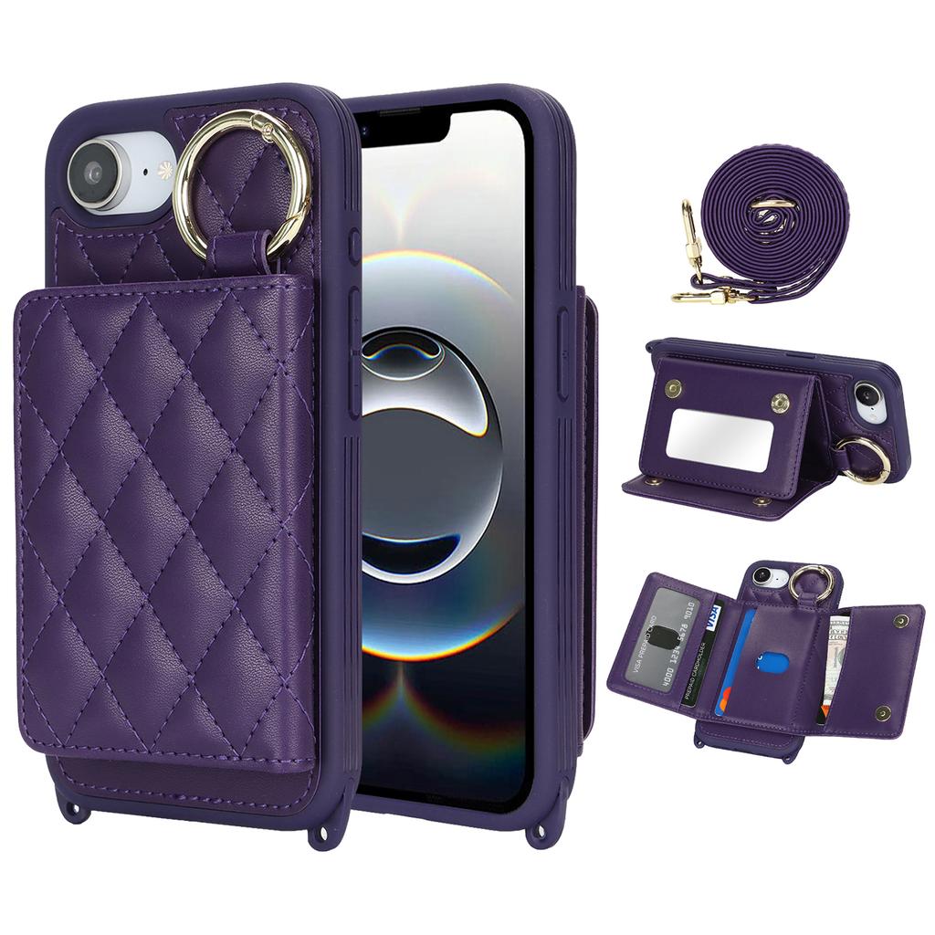 For iPhone 16e Case with Lanyard/Mirror/Card Holder Grids Pattern RFID Blocking Phone Cover