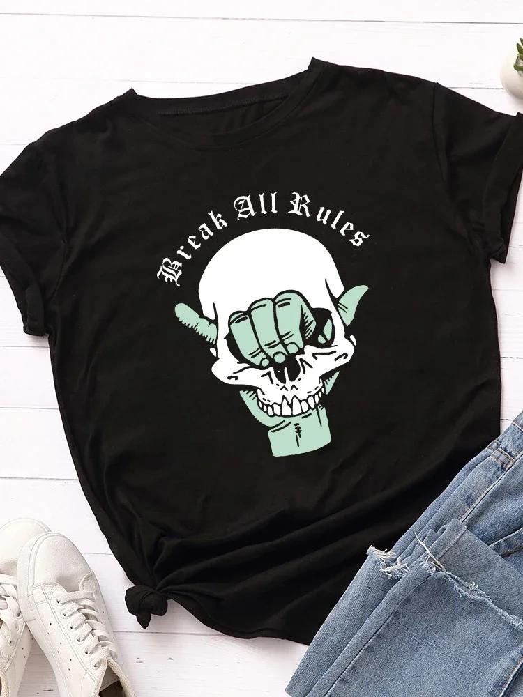 Футболка Break All Rules с принтом черепа и головы для женщин с коротким рукавом и круглым вырезом, свободная женская футболка, женская футболка, топы, женские футболки