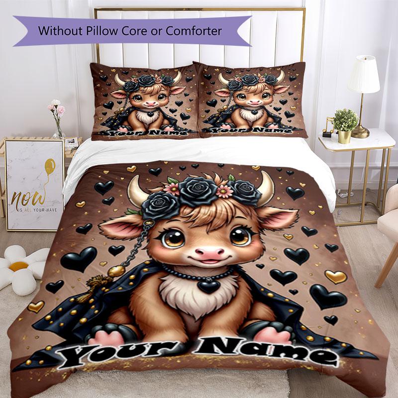 3PC Custom Name Fantasy Cow Flowers Bedding Set Printed Bedding Set Duvet Cover Closure Includes 1 Duvet Cover & 2 Pillowcases for All Seasons Bedroom