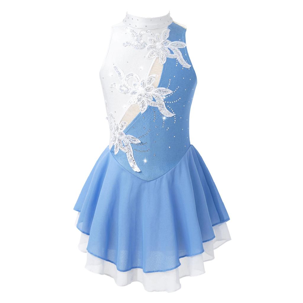 Sequin Floral Figure Ice Skating Dress Child Girls Gymnastics Leotard Ballroom Ballet Dance Costume Lyrical Performance Clothing