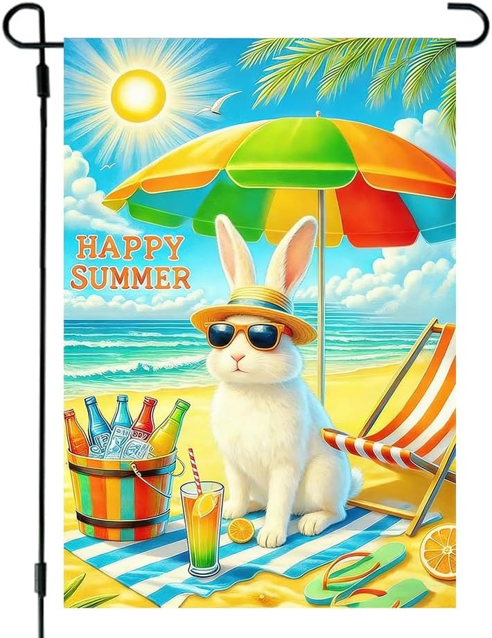 Summer Garden ag 12x18 Double Sided, Burlap Outdoor Beach Sea Bunny Garden ags Summer Coastal Decorations, Small Decorat PPZ