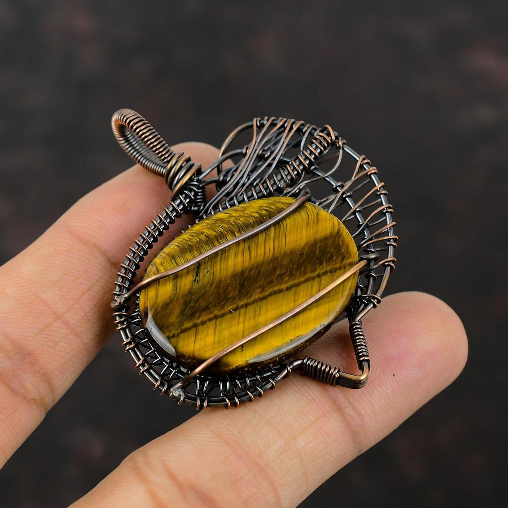 Подвеска из тигрового глаза в медной оправе, обмотанная проволокой, подвеска из натурального драгоценного камня, ювелирное изделие ручной работы, элегантная подвеска, подарок для него, красивые ювелирные изделия из медной проволоки