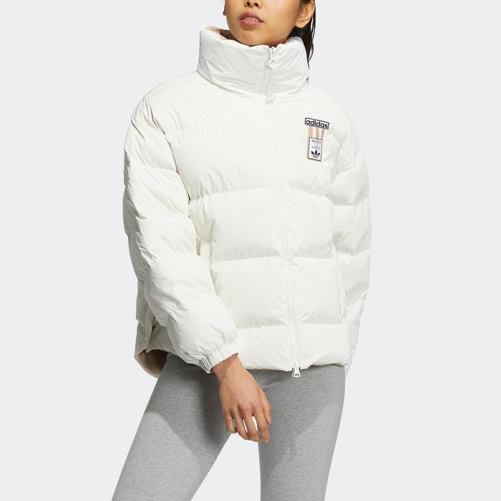 Adidas Двусторонняя нейлоновая куртка на утином пуху Originals на молнии с воротником-стойкой, женская верхняя одежда, белая HS9500