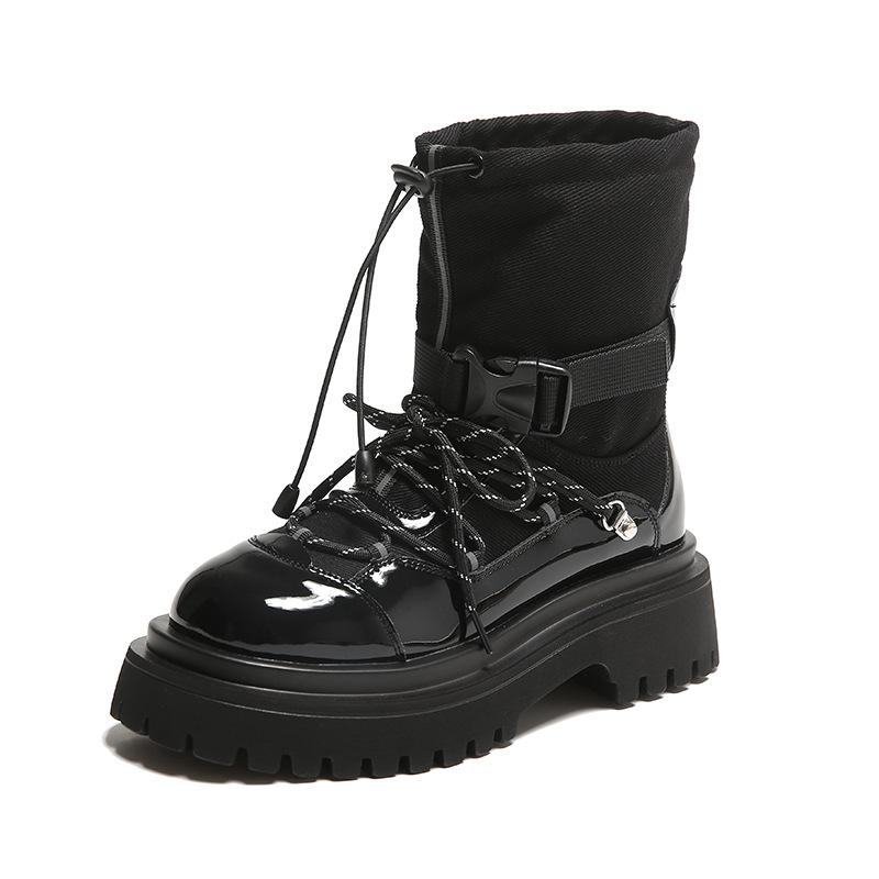 Модные модные мотоциклетные ботинки женские 2024 зимние ботинки на шнуровке с пряжкой для женщин ковбойские ботильоны из лакированной кожи с толстой подошвой