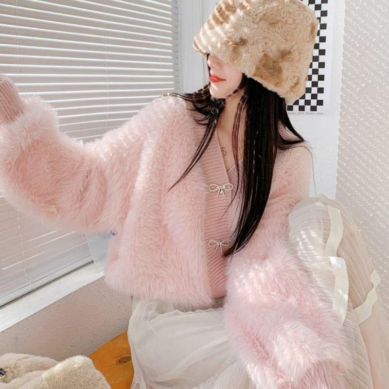 Короткие длинные волосы, однотонный свитер из искусственного норкового флиса, женский 2023, осень/зима, однотонный корейский свободный милый вязаный кардиган, женский