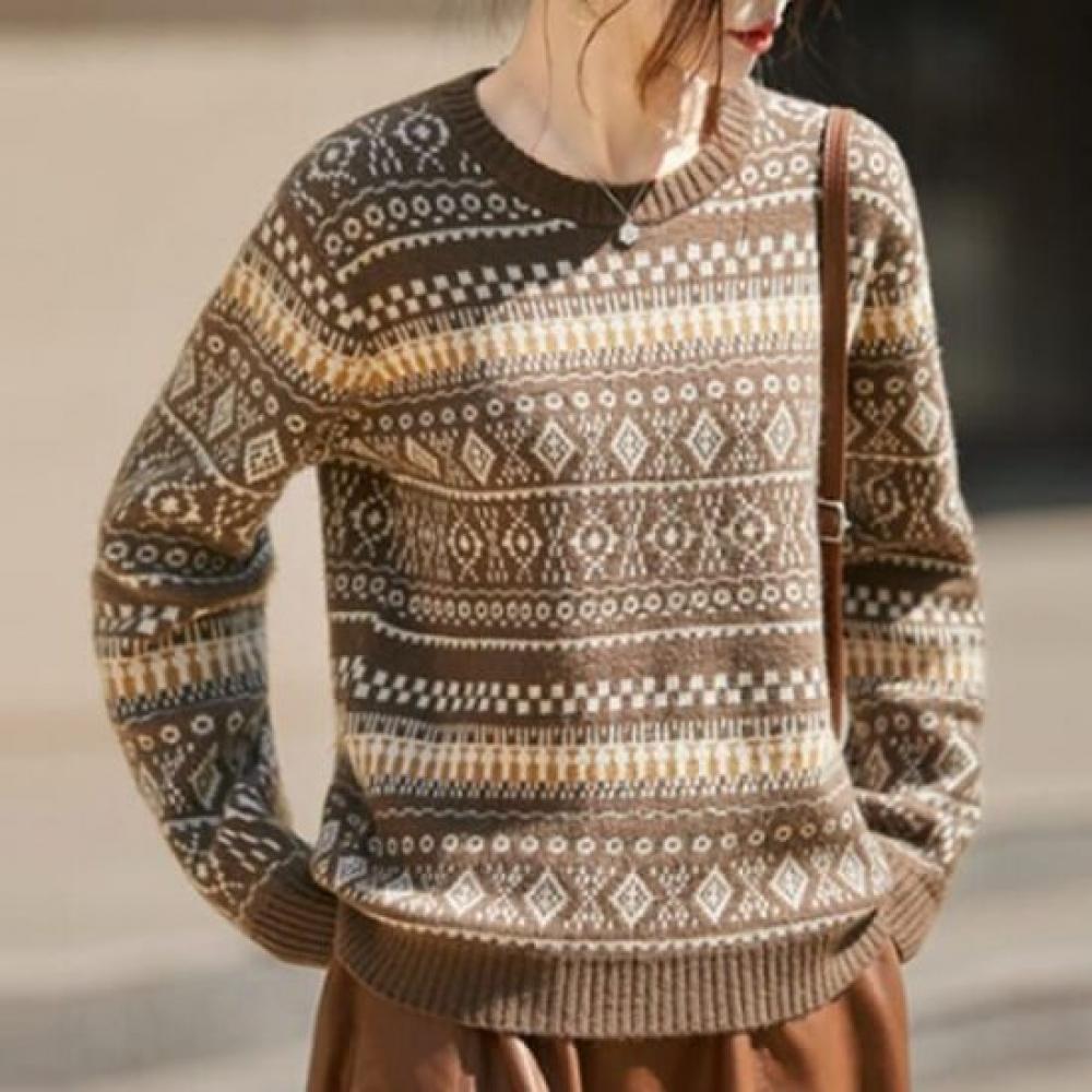 Navava Women Daily Nordic Pattern Round Neck Long Sleeve Knit Tee Nk3514