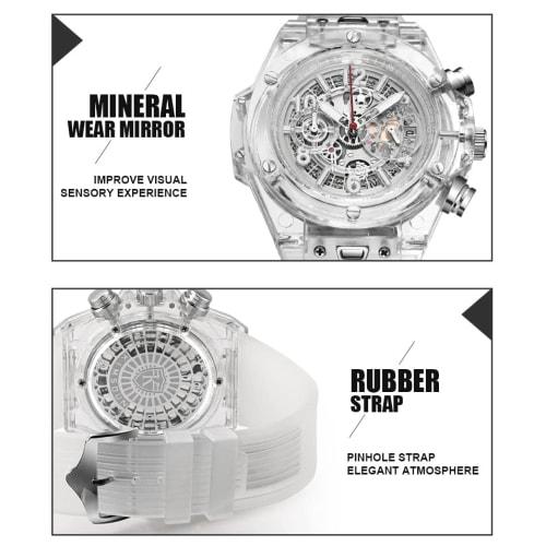 KIMSDUN Skeleton Sports Watch, Three Dials, Waterproof, Analog Quartz Movement, Date, Calendar, Silicone Strap, Men's, Student, Unisex, White-White, S