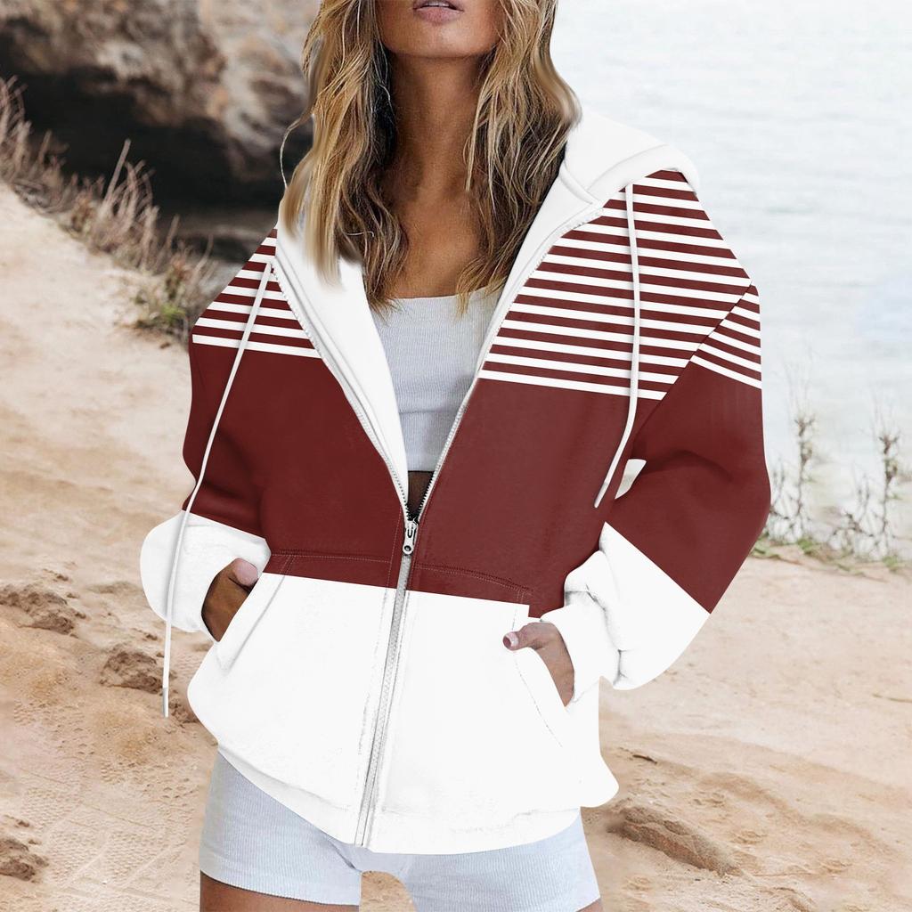Женская толстовка с длинными рукавами и полосатым принтом, куртка с длинными рукавами и карманами, на молнии, пальто с капюшоном