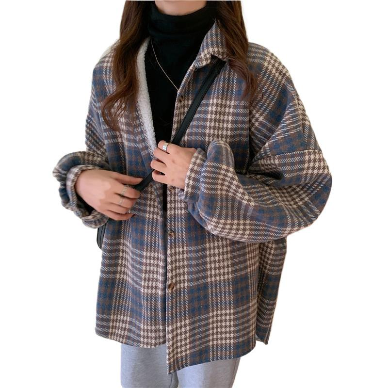 Женская клетчатая шерстяная рубашка-пальто с длинным рукавом и флисовой подкладкой на Осень/Зиму 2025 – Новый дизайн, Нишевая и Универсальная