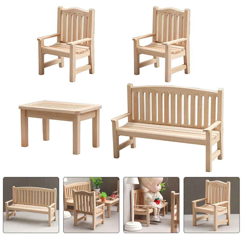 4 Pcs Garden Seat Miniature Chair Models Furniture Decor Bench Wooden Decoration