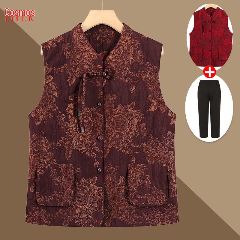 Мамин жилет без рукавов в китайском стиле: Элегантная весенне-осенняя верхняя одежда для женщин среднего и пожилого возраста.