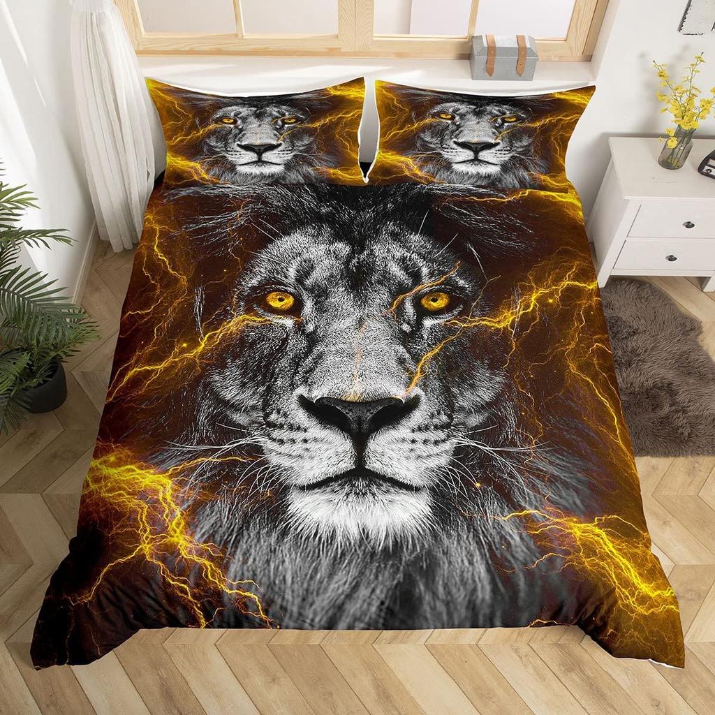 Lion Rose Duvet Cover Sets King Size Animal Floral Print Polyester Comforter Cover Nature Theme Bedding Set for Kids Adult Teens