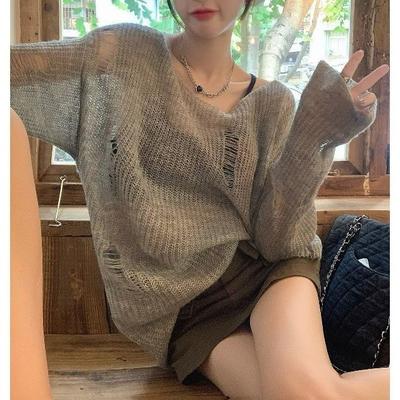 Женский свободный вязаный ажурный свитер с защитой от солнца, топы с ленивым ветром Y2K, тонкая верхняя одежда, пуловер, готические свитера, большие размеры