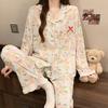 Маленькая свежая женская пижама весна и осень милое кружево имитация хлопка с длинным рукавом мультяшный бант комплект домашней одежды