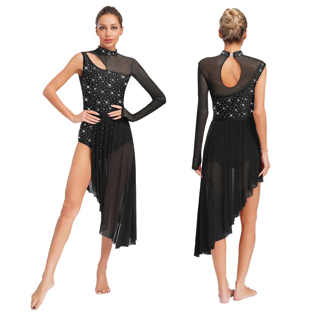 Women Asymmetrical Lyrical Dance Dress S-XXL - Mock Neck Cutout Sheer Mesh Patchwork Shiny Rhinestones Side Split Dancewear