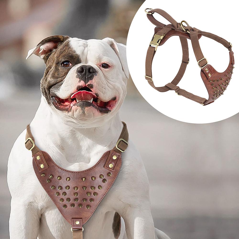 Durable Dog Harness Large Dogs Leather Nylon Harnesses Spiked Studded Pet Training Vest With Quick Control Handle For Pitbull