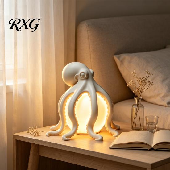 Unique Home Decorations Octopus Ocean Decor Table Lamp, Resin Tentacle Sculpted Statue, Warm Glow Garden Sculptures Coastal Nautical Accent