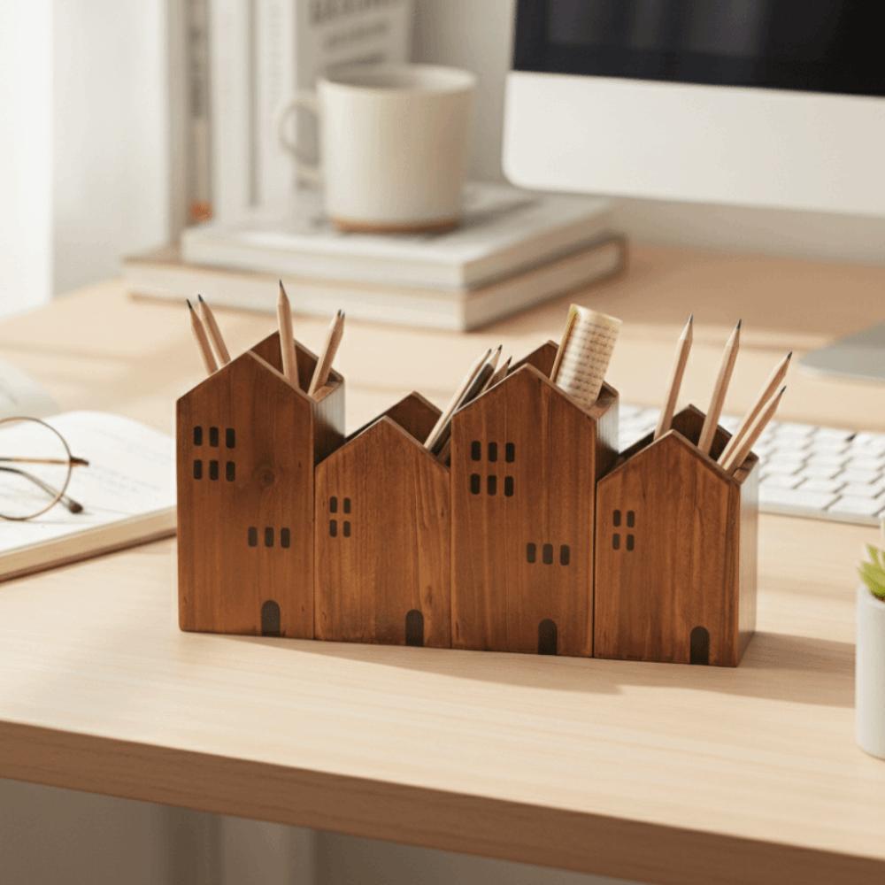 2PCS Cartoon House Shape Pen Container Wooden Makeup Brush Storage Box Stationery Rack  Gift