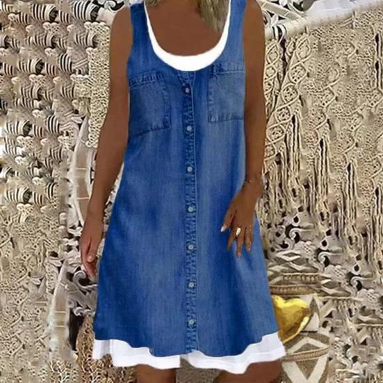 Женское платье без рукавов из двух частей, летнее повседневное платье с круглым вырезом, джинсовый принт, свободное мини-платье А-силуэта
