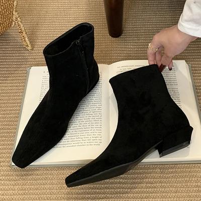 Дизайнерские винтажные ботильоны на молнии с острым носком для женщин, квадратный низкий каблук, современные ботинки, осень-зима, женская обувь