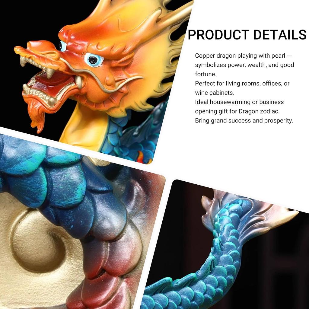 Aris & Juno Hand-Painted Copper Flying Dragon Playing with Pearl Sculpture, Traditional Chinese Dragon Blessing Statue, Feng Shui Office Desk Home