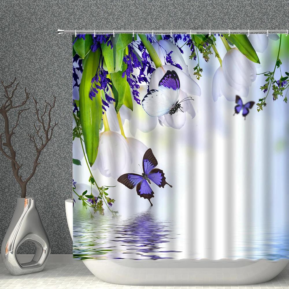 Растения Цветочная Шторка для Душа 3D Бабочка Цветок Природный Пейзаж Ванная Комната Занавески Полиэстер Ткань С Крючками Домашний Декор для Ванной