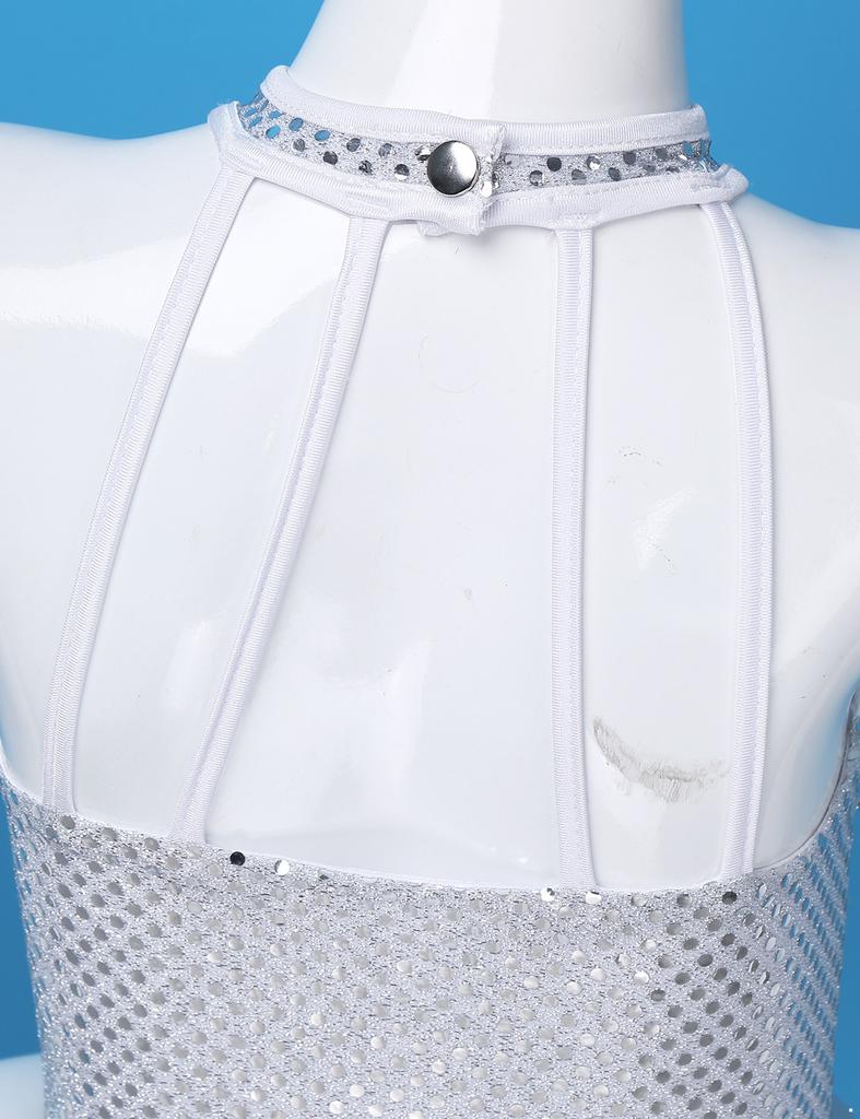 Платье для танцев с открытой спиной, костюм снеговика для девочек, без рукавов, сетка с блестящими пайетками для катания на роликах, кружения