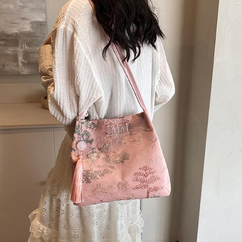 New Chinese Style Retro Bag Silk Jacquard Fashionable Minimalist Bag Shoulder Diagonal Cross Women's Shopper Totes AVE