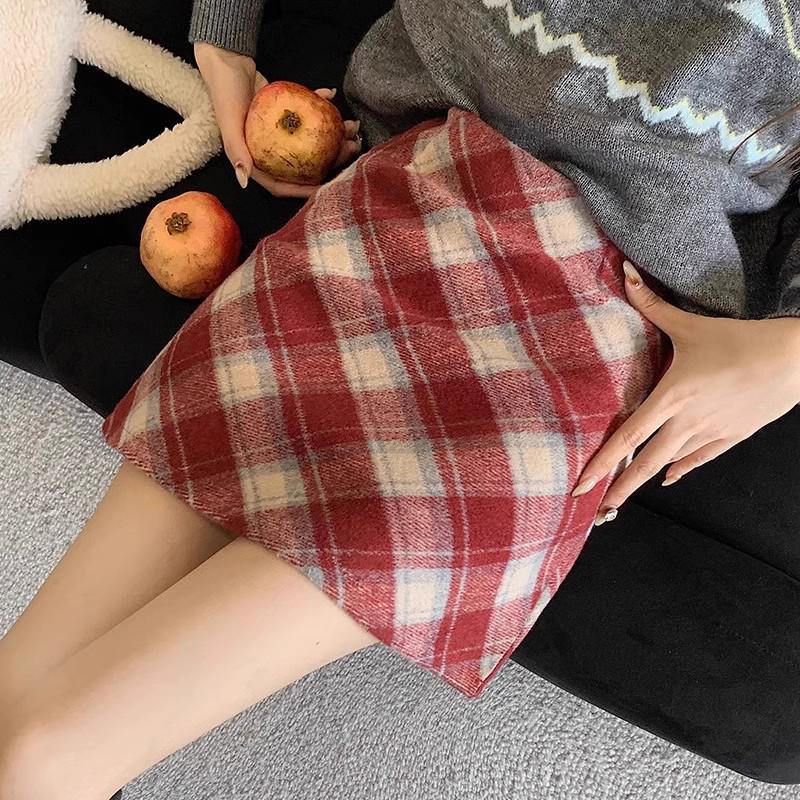 Женская мини-юбка в клетку из смесовой шерсти с завышенной талией в стиле ретро 2025 - Маленькая облегающая А-силуэта для осени/зимы