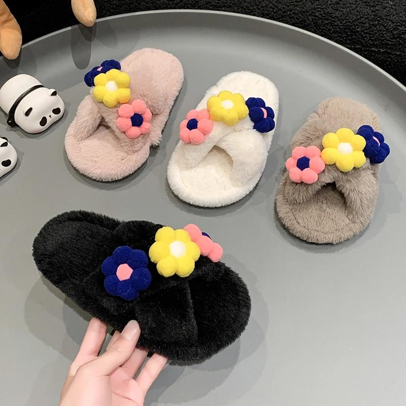 Новые милые зимние меховые тапочки для девочек, элегантные детские тапочки с цветочным принтом, теплые домашние тапочки для принцесс, модная мягкая универсальная детская повседневная обувь