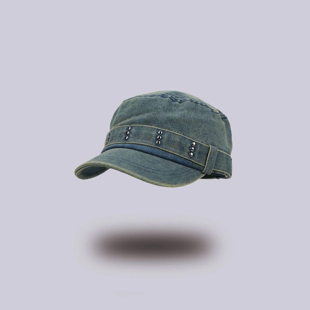 Washed Denim Flat Top Hat Rivet Cadet Cap Casual Peaked Cap Streetwear
