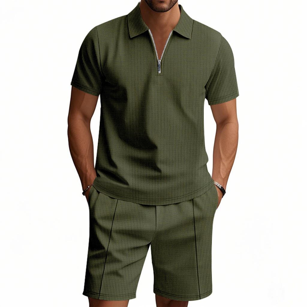 Men'S Solid Color Casual Collar Short Sleeved Shorts Two-Piece Set