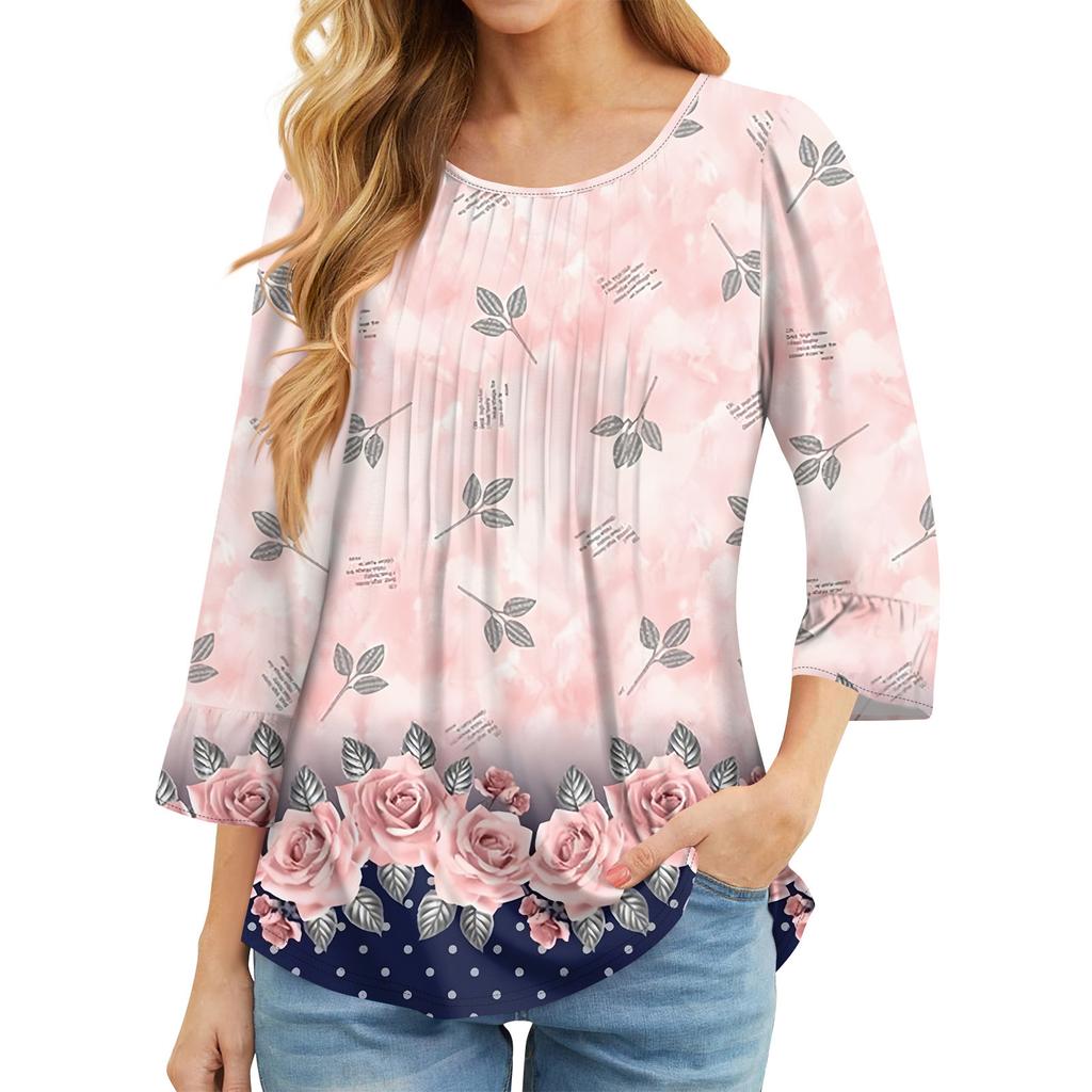 Женские топы с рукавами-колокольчиками 3/4, летние плиссированные рубашки с круглым вырезом, модные нарядные повседневные блузки-туники свободного покроя