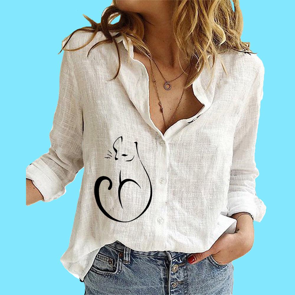 Women Fashion Long Sleeve Blouse Ladies Stand Neck Printed Top Casual Cotton Linen Buttoned Shirt