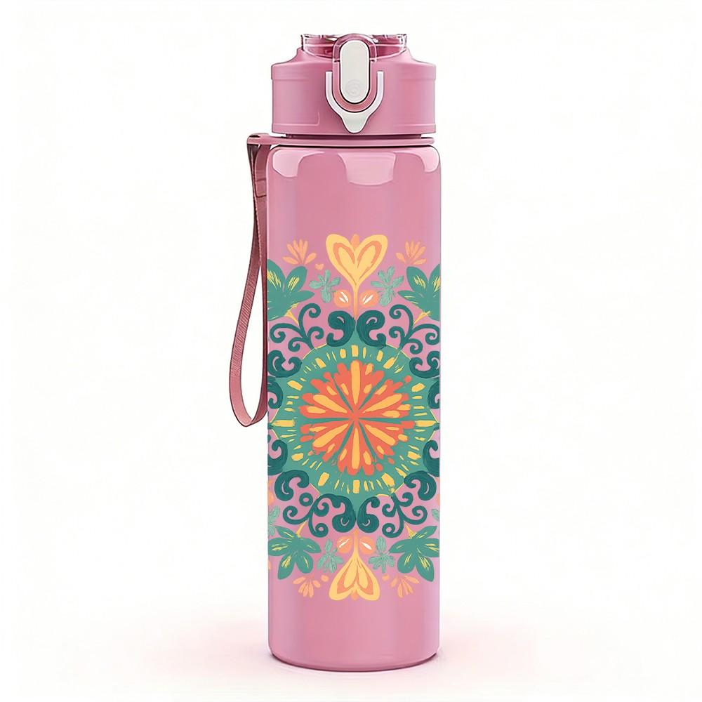 1PC Soft Tone Mandala Pattern 750ml Color Plastic Sports Water Bottle Leakproof Flip Straw Lid Suitable for Sports Office Home Use