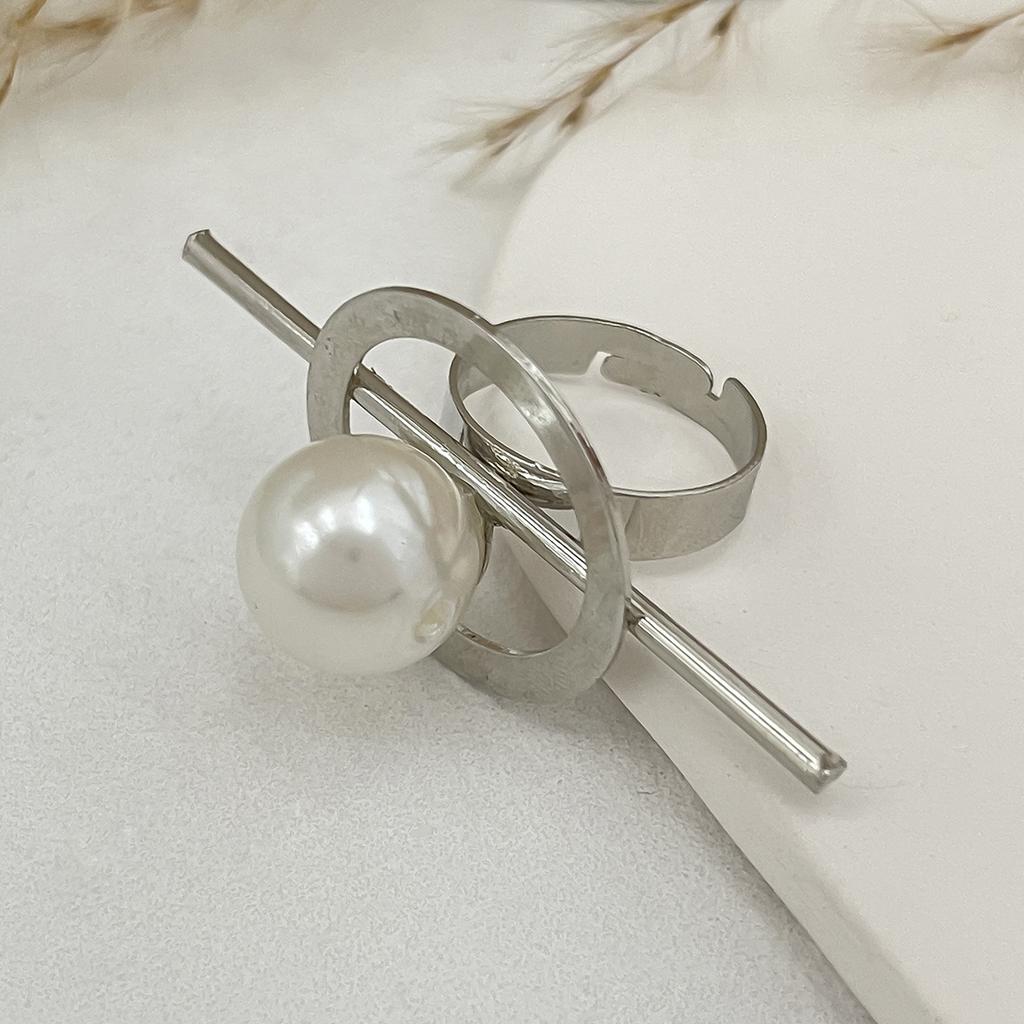 SHIXIN Vintage Creative Silver Color Large Flower Open Ring for Women Punk Imitation Pearl Party Adjustable Ring Finger Jewelry